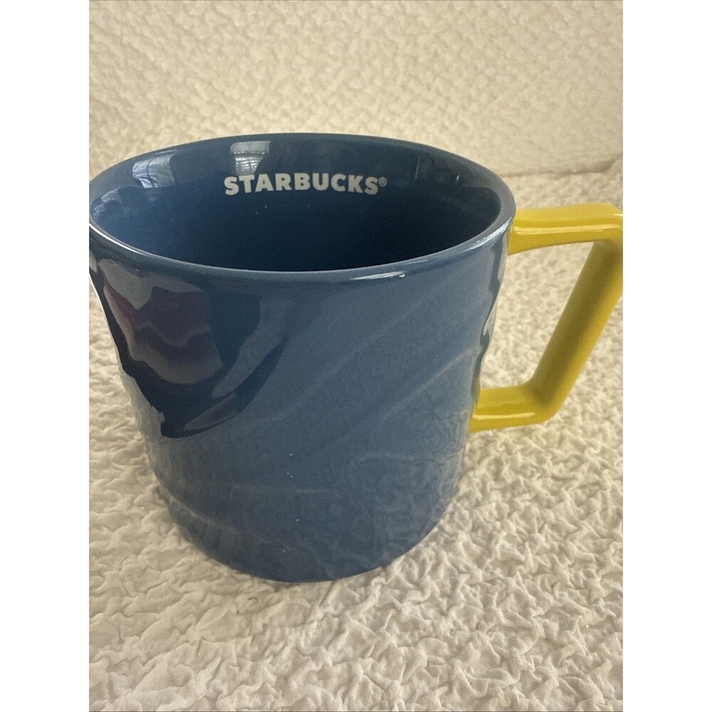 Starbucks 2021 Textured Blue Zebra Glazed Ceramic Mug w/ Yellow Handle 12 oz Cup